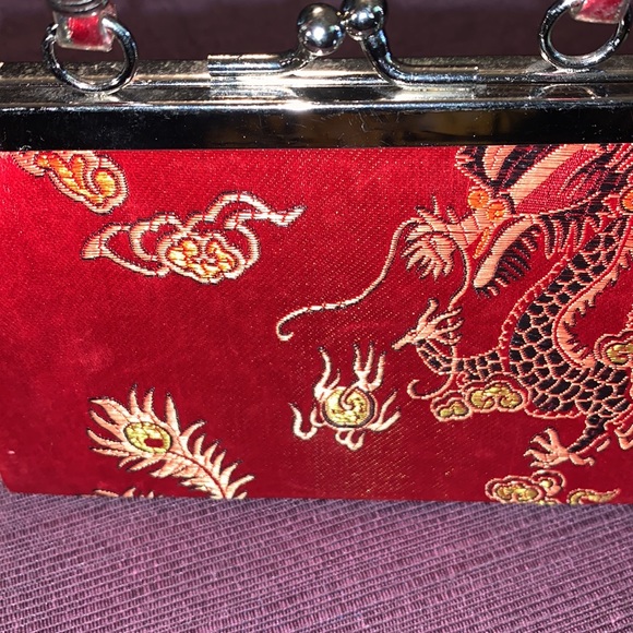 Asian Mini Red Silk Golden Dragon Snap Button Purse 4”H x 2”W x 5.5” L - Picture 8 of 13